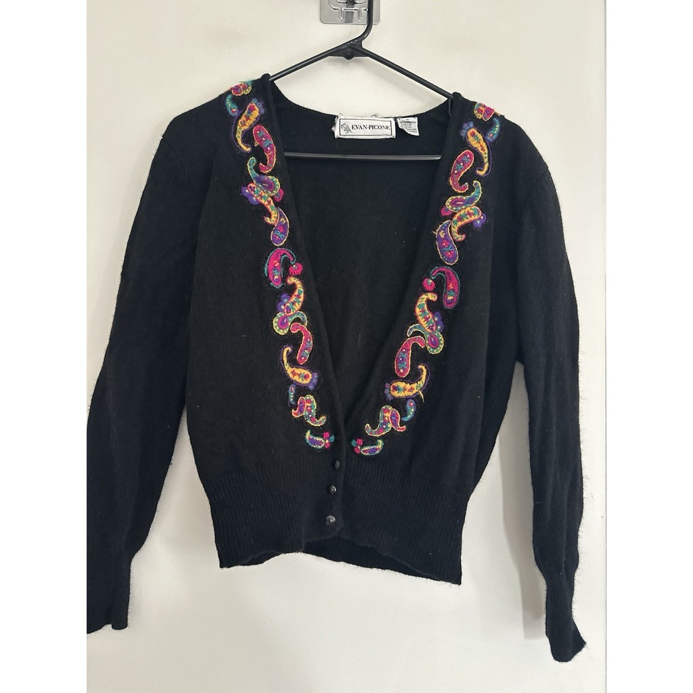 Evan-Picone Vintage 90s Cottagecore Paisley Cardigan Sz:S Black Wool Blend